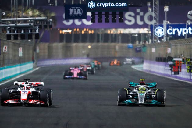 20 Kevin Magnussen (DNK, Haas F1 Team), 44 Lewis Hamilton (GBR, Mercedes-AMG Petronas F1 Team), F1 Grand Prix of Saudi Arabia at Jeddah Corniche Circuit on March 27, 2022 in Jeddah, Saudi Arabia. (Photo by HOCH ZWEI) Jeddah Saudi Arabia