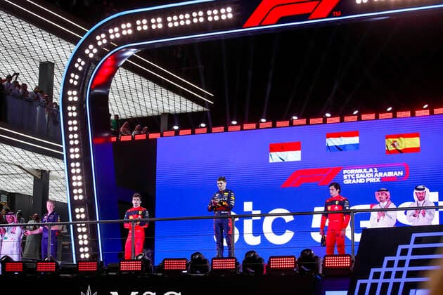 16 Charles Leclerc (MCO, Scuderia Ferrari), 1 Max Verstappen (NLD, Oracle Red Bull Racing), 55 Carlos Sainz (ESP, Scuderia Ferrari), F1 Grand Prix of Saudi Arabia at Jeddah Corniche Circuit on March 27, 2022 in Jeddah, Saudi Arabia. (Photo by HOCH ZWEI) Jeddah Saudi Arabia