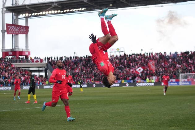 March 27, 2022, TORONTO, ON, CANADA: Canada s Tajon Buchanan does a backflip after scoring against Jamaica during first half CONCACAF World Cup soccer qualifying action in Toronto on Sunday, March 27, 2022. Canada News - March 27, 2022  - ZUMAc35_ 20220327_zaf_c35_113 Copyright: xNathanxDenettex