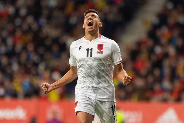 Mandatory Credit: Photo by Nderim Kaceli LiveMedia Shutterstock (12869550q) Myrto Uzuni of Albania celebrating after scoring a goal friendly football match 2022 - Spain vs Albania, CornellÃ -El Prat stadium, Barcelona, Italy - 26 Mar 2022 friendly football match 2022 - Spain vs Albania, CornellÃ -El Prat stadium, Barcelona, Italy - 26 Mar 2022  Copyright: xNderimxKaceli LiveMedia Shutterstockx 12869550q
