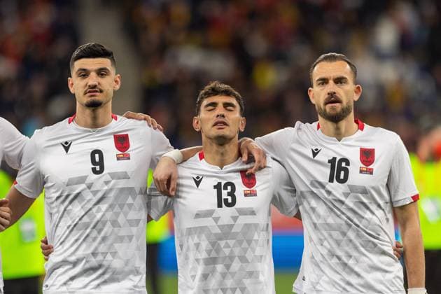 March 26, 2022, Barcelona, Italy: Armando Broja of Albania, Qazim Laci of Albania and Sokol Cikalleshi of Albania during the International Friendly, Länderspiel, Nationalmannschaft football match between Spain and Albania on March 26, 2022 at RCDE Stadium in Barcelona, Spain. friendly football match - 2022 - Spain vs Albania, Barcelona, Italy  - ZUMAl164 20220326_zsa_l164_603 Copyright: xNderimxKacelix