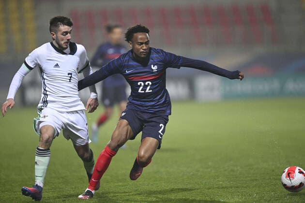Nathan NGoumou (Fra) vs Jack Scott (Irl Nord) FOOTBALL : France Espoirs vs Irlande du Nord - Calais - 28 03 2022 JBAutissier Panoramic 