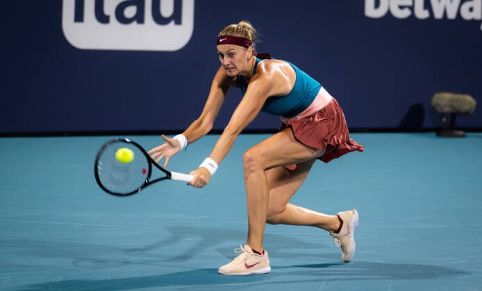 March 28, 2022, MIAMI, FLORIDA, UNITED STATES: Petra Kvitova of the Czech Republic in action during the fourth round of the 2022 Miami Open WTA, Tennis Damen 1000 tennis tournament against Veronika Kudermetova of Russia MIAMI UNITED STATES - ZUMAa181 20220328_zaa_a181_103 Copyright: xRobxPrangex