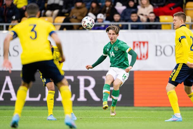 220329 Oliver O Neill of Ireland during the UEFA European Under-21 Qualifier football match between Sweden and Ireland on March 29, 2022 in Boras. Photo: Mathias Bergeld BILDBYRAN kod MB MB0362 fotboll football soccer fotball em-kval kval uefa european under-21 qualifier U21, U 21 qualifier qualifying round qualification sverige sweden irland ireland bbeng Copyright: MATHIASxBERGELD BB220329MB006