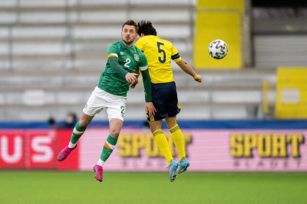 220329 Lee O Connor of Ireland and Eric Kahl of Sweden during the UEFA European Under-21 Qualifier football match between Sweden and Ireland on March 29, 2022 in Boras. Photo: Jörgen Jarnberger BILDBYRAN COP 112 MB0362 fotboll football soccer fotball em-kval kval uefa european under-21 qualifier U21, U 21 qualifier qualifying round qualification sverige sweden irland ireland bbeng Copyright: JÖRGENxJARNBERGER BB220329JJ016