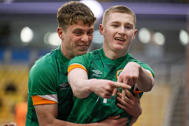 220329 Ross Tierney of Ireland celebrates the 0-1 goal during the UEFA European Under-21 Qualifier football match between Sweden and Ireland on March 29, 2022 in Boras. Photo: Mathias Bergeld BILDBYRAN kod MB MB0362 fotboll football soccer fotball em-kval kval uefa european under-21 qualifier U21, U 21 qualifier qualifying round qualification sverige sweden irland ireland bbeng jubel Copyright: MATHIASxBERGELD BB220329MB014