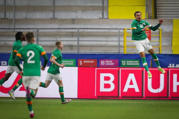 Ireland s Tyreik Wright ( 18, right) celebrates scoring during the UEFA European Under-21 Championship qualifying soccer match (group F) between Sweden and Poland at Boras Arena in Boras, Sweden, on March 29, 2022. Photo Adam Ihse TT code 9200 BORÅS SWEDEN SOCCER x9200x