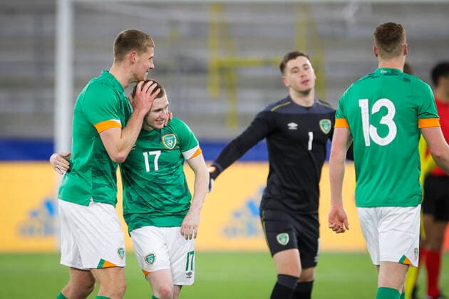 Ireland s Mark McGuinness (L) and Ross Tierney ( 17) celebrate after the UEFA European Under-21 Championship qualifying soccer match (group F) between Sweden and Poland at Boras Arena in Boras, Sweden, on March 29, 2022. Photo Adam Ihse TT code 9200 BORÅS SWEDEN SOCCER x9200x
