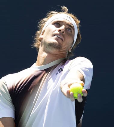 Alexander Zverev from Germany serves to Thanasi Kokkinakis from Australia at the Miami Open in the Hard Rock Stadium in Miami Gardens, Florida, on Tuesday, March 29, 2022.  MIA20220329114 GARYxIxROTHSTEIN