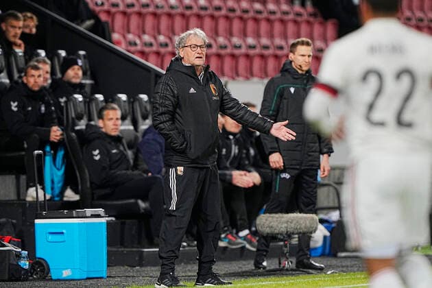 Belgien s cheftraener Jacky Mathijssen under EM-kvalifikationskampen for U21, U 21 landshold mellem Danmark og Belgien, paa MCH Arena i Herning, tirsdag den 29. marts 2022.. , Herning Denmark