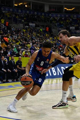 Jan Vesely (R) of Fenerbahce Beko Istanbul and Maodo Lo (0) of Alba Berlin in action during the Turkish Airlines EuroLeague Regular Season Round 21 match between Fenerbahce Beko Istanbul and Alba Berlin at Ulker Sports Arena in Istanbul, Turkey , on March 29, 2022 