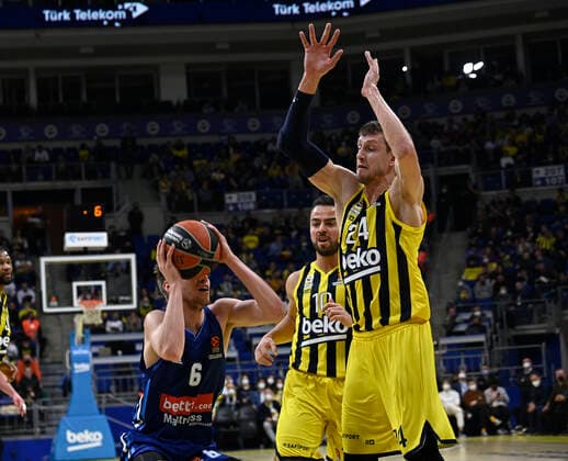 Melih Mahmutoglu (10) , Jan Vesely (24) of Fenerbahce Beko Istanbul and Malte Delow (6) of Alba Berlin in action during the Turkish Airlines EuroLeague Regular Season Round 21 match between Fenerbahce Beko Istanbul and Alba Berlin at Ulker Sports Arena in Istanbul, Turkey , on March 29, 2022 