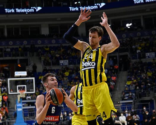 Melih Mahmutoglu (10) , Jan Vesely (24) of Fenerbahce Beko Istanbul and Malte Delow (6) of Alba Berlin in action during the Turkish Airlines EuroLeague Regular Season Round 21 match between Fenerbahce Beko Istanbul and Alba Berlin at Ulker Sports Arena in Istanbul, Turkey , on March 29, 2022 
