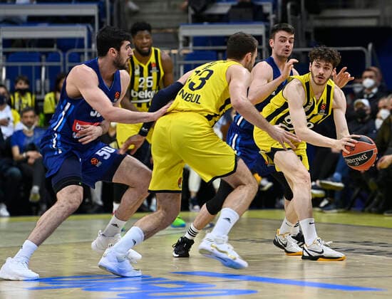 Marko Guduric (23) , Sehmus Hazer (R) of Fenerbahce Beko Istanbul and Jonas Mattisseck (9) , Yovel Zoosman (50) of Alba Berlin in action during the Turkish Airlines EuroLeague Regular Season Round 21 match between Fenerbahce Beko Istanbul and Alba Berlin at Ulker Sports Arena in Istanbul, Turkey , on March 29, 2022 