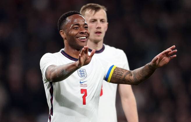 Mandatory Credit: Photo by JASONPIX Shutterstock (12873293x) Raheem Sterling of England celebrates after he scores to put England 2-0 up England v Ivory Coast (Cote D Ivoire) - International Friendly, Länderspiel, Nationalmannschaft Football, Wembley Stadium. UK. 29 MAR 2022 Editorial use only England v Ivory Coast (Cote D Ivoire) - International Friendly. Football, Wembley Stadium. UK. 29 MAR 2022 Editorial use only  Copyright: xJASONPIX Shutterstockx 12873293x