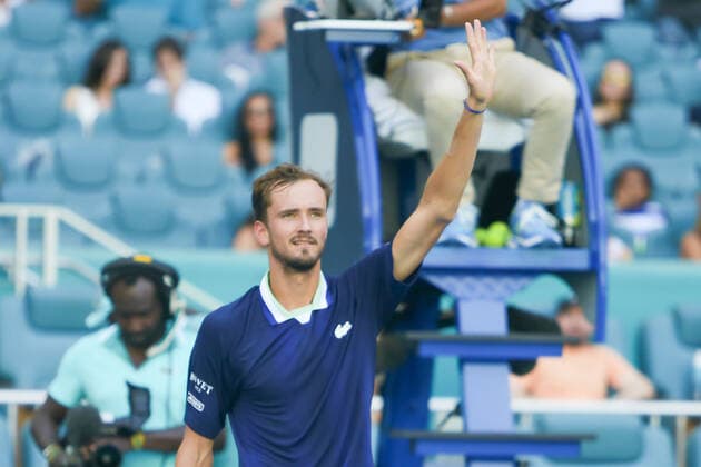 Tennis, ATP-Turnier in Miami March 29, 2022, Austin, Texas, United States: Daniil Medvedev (RUS) reacts after winning his match during the men s fourth round at the Miami Open presented by Itau at Hard Rock Stadium in Miami Gardens, Florida. Austin United States - ZUMAw109 20220329_zap_w109_010 Copyright: xDebbyxWongx