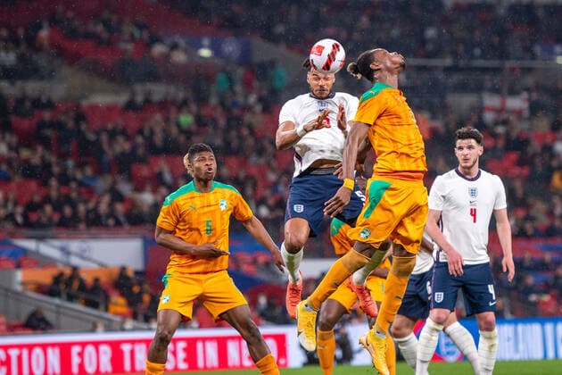 LONDON, ENGLAND - MARCH 29: Tyrone Mings of England scoring goal during the International Friendly, Länderspiel, Nationalmannschaft match between England and Ivory Coast at Wembley Stadium on March 29, 2022 in London, E England v Ivory Coast - International Friendly Copyright: xSebastianxFrejx