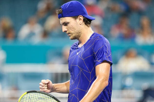 March 29, 2022, Miami Gardens, Florida, United States: Miomir Kecmanovic (SRB) reacts after a winner during the men s singles fourth round at the Miami Open presented by Itau at Hard Rock Stadium in Miami Gardens, Florida. Miami Gardens United States - ZUMAw109 20220329_zap_w109_029 Copyright: xDebbyxWongx
