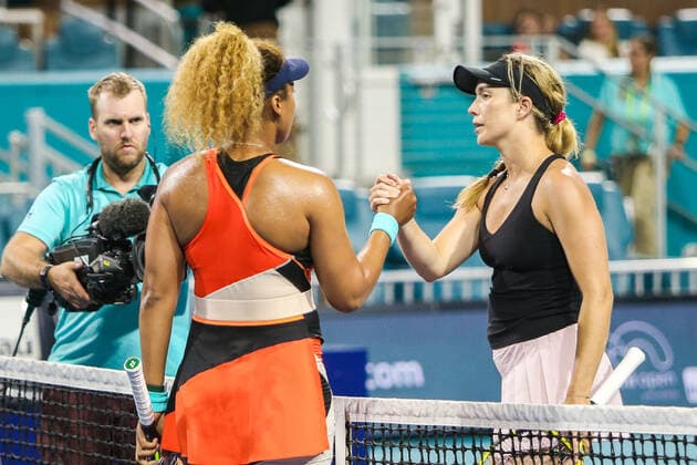 March 29, 2022, Miami Gardens, Florida, United States: Naomi Osaka (JPN) shakes hands with Daria Saville (AUS) after the women s singles quarterfinals at the Miami Open presented by Itau at Hard Rock Stadium in Miami Gardens, Florida. Miami Gardens United States - ZUMAw109 20220329_zap_w109_069 Copyright: xDebbyxWongx