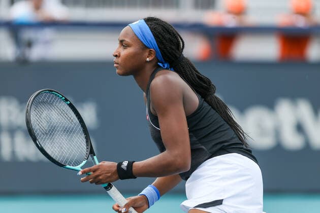 March 30, 2022, Miami Gardens, Florida, United States: Coco Gauff (USA) waits for a serve during women s doubles at the Miami Open presented by Itau at Hard Rock Stadium in Miami Gardens, Florida. Miami Gardens United States - ZUMAw109 20220330_zap_w109_014 Copyright: xDebbyxWongx