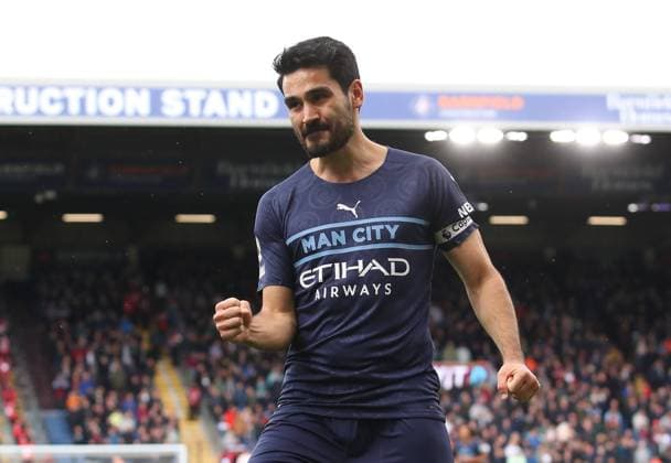 Burnley, England, 2nd April 2022. Ilkay Gundogan of Manchester City celebrates scoring the second goal during the Premier League match at Turf Moor, Burnley. Picture credit should read: Simon Bellis Sportimage EDITORIAL USE ONLY. No use with unauthorised audio, video, data, fixture lists, club league logos or live services. Online in-match use limited to 120 images, no video emulation. No use in betting, games or single club league player publications. SPI-1616-0011