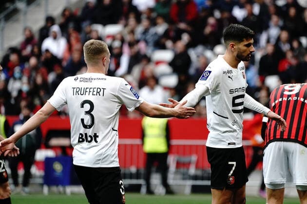 Adrien Truffert (Stade Rennais) - Martin Terrier (Stade Rennais) FOOTBALL : OGC Nice vs Rennes - Ligue 1 Uber Eats - Nice - 02 04 2022 NorbertScanella Panoramic 