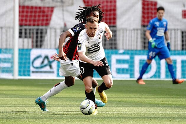Fußball, OGC Nizza - Stade Rennes Flavien Tait (Stade Rennais) FOOTBALL : OGC Nice vs Rennes - Ligue 1 Uber Eats - Nice - 02 04 2022 NorbertScanella Panoramic 