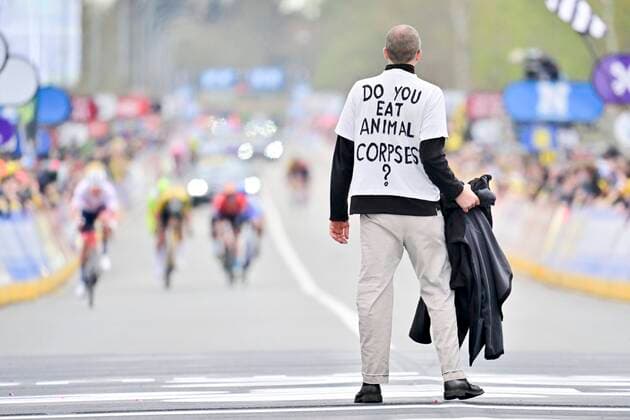 Sport Themen der Woche KW13 Sport Bilder des Tages Radsport, Flandern-Rundfahrt, Klimaschützer protestiert auf der Ziellinie Oudenaarde, Belgium - April 3 : A protestor runs on the parcours during the UCI World Tour Flanders Classics 106th Ronde Van Vlaanderen, a cycling race with start in Antwerp and finish in Oudenaarde on April 03, 2022 in Oudenaarde, Belgium, 3 04 2022 ( Motordriver Kenny Verfaillie - Tour of Flanders 2022 Cycling Race PhotoNews Panoramic 