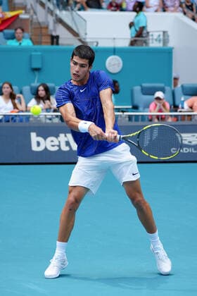 April 3, 2022, Miami Gardens, Florida, United States: April, 3 - Miami Gardens: Carlos Alcaraz(ESP) in action here, takes the first set 75 against Casper Ruud(NOR) during the Finals of the 2022 Miami open. Miami Gardens United States - ZUMApa3_ 0154454549st Copyright: xAndrewxPatronx