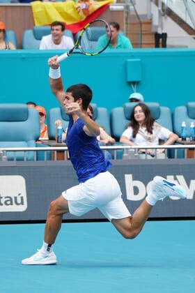 April 3, 2022, Miami Gardens, Florida, United States: April, 3 - Miami Gardens: Carlos Alcaraz(ESP) in action here, takes the first set 75 against Casper Ruud(NOR) during the Finals of the 2022 Miami open. Miami Gardens United States - ZUMApa3_ 0154455620st Copyright: xAndrewxPatronx