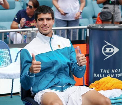 April 3, 2022, Miami Gardens, Florida, United States: (Photo credit: )April, 3 - Miami Gardens: Carlos Alcaraz(ESP) rests up after defeating Casper Ruud(NOR) 75 64 to win the 2022 Miami open. Miami Gardens United States - ZUMApa3_ 0154462763st Copyright: xAndrewxPatronx