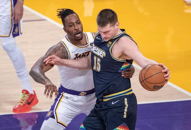 Dwight Howard 39 of the Los Angeles Lakers defends against Nikola Jokic 15 of the Denver Nuggets during their NBA, Basketball Herren, USA game on Sunday April 3, 2022 at Crypto.com Arena in Los Angeles, California. Lakers vs. Nuggets !ACHTUNG: NUR REDAKTIONELLE NUTZUNG!  Copyright: xJAVIERxROJAS EFEx AME8570 20220403-fe95538de9b61c0c27ce1848a917bbda6b429f8a