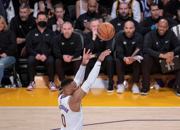 April 3, 2022, Los Angeles, California, USA: Russell Westbrook 0 of the Los Angeles Lakers puts up a free throw during their NBA, Basketball Herren, USA game against the Denver Nuggets on Sunday April 3, 2022 at Crypto.com Arena in Los Angeles, California. Lakers lose to Nuggets, 118-129. PI Los Angeles USA - ZUMAp124 20220403_zaa_p124_031 Copyright: xJAVIERxROJASx