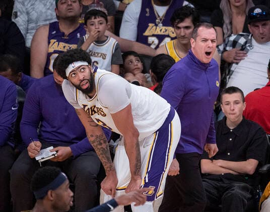 April 3, 2022, Los Angeles, California, USA: Head coach, Frank Vogel of the Los Angeles Lakers reacts to a no call as Anthony Davis 3 looks at the replay monitor during their NBA, Basketball Herren, USA game against the Denver Nuggets on Sunday April 3, 2022 at Crypto.com Arena in Los Angeles, California. Lakers lose to Nuggets, 118-129. PI Los Angeles USA - ZUMAp124 20220403_zaa_p124_035 Copyright: xJAVIERxROJASx