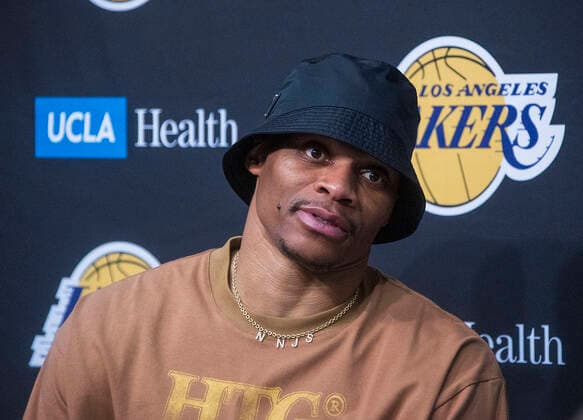 April 3, 2022, Los Angeles, California, USA: Russell Westbrook 0 of the Los Angeles Lakers during a press conference, PK, Pressekonferenz after losing their NBA, Basketball Herren, USA game against the Denver Nuggets on Sunday April 3, 2022 at Crypto.com Arena in Los Angeles, California. Lakers lose to Nuggets, 118-129. PI Los Angeles USA - ZUMAp124 20220403_zaa_p124_045 Copyright: xJAVIERxROJASx