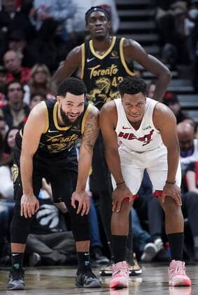 April 3, 2022, TORONTO, ON, CANADA: Toronto Raptors guard Fred VanVleet (23) jokes around with former teammate Miami Heat guard Kyle Lowry (7) as Raptors forward Pascal Siakam (43) looks up court during first half NBA, Basketball Herren, USA basketball action in Toronto on Sunday, April 3, 2022. Canada News - April 3, 2022  - ZUMAc35_ 20220403_zaf_c35_226 Copyright: xNathanxDenettex