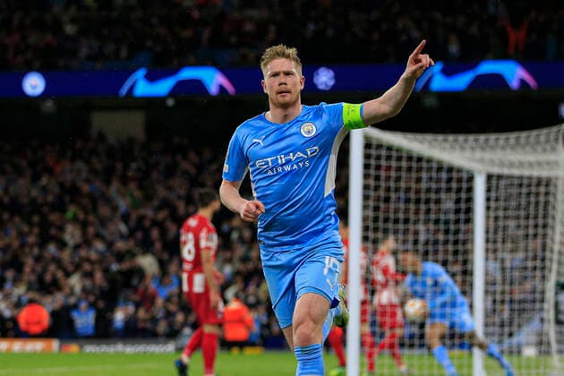 Sport Themen der Woche KW14 Sport Bilder des Tages UEFA Champions League Manchester City v Atletico Madrid Kevin De Bruyne 17 of Manchester City celebrates scoring to make it 1-0 Manchester Etihad Stadium Manchester United, ManU Kingdom Copyright: xConorxMolloy NewsxImagesx