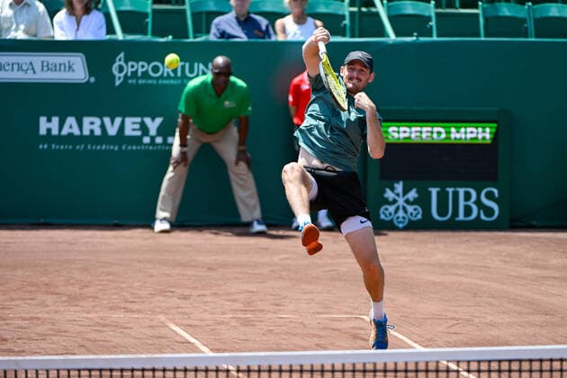 HOUSTON, TX - APRIL 06: Jackson Withrow (USA) hits an overhead during the US Clay Court Championships Rd1 doubles match at River Oaks Country Club on April 6, 2022 in Houston, TX. (Photo by Ken Murray Icon Sportswire) TENNIS: APR 06 U.S. Men™s Clay Court Championship Icon220406002