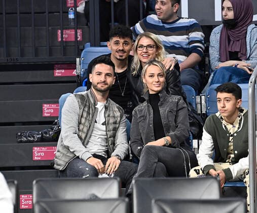Basaksehir Football team players Omer Ali Sahiner and Serdar Gurler during the Turkish Airlines EuroLeague Regular Season Round 19 match between Anadolu Efes Istanbul and Bayerm Munich at Sinan Erdem Dome in Istanbul, Turkey , on April 6, 2022. Photo : Seskimphoto 