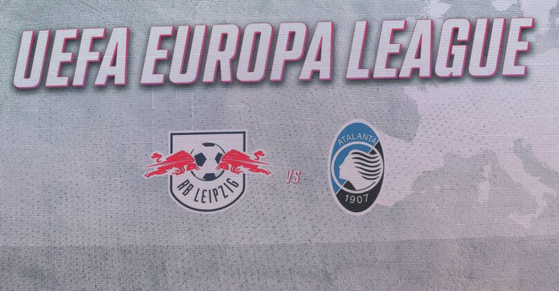 RB Leipzig - Bergamo 07.04.2022 Leipzig, 07.04.2022, Red Bull Arena, Fussball, UEFA Europa League, Viertelfinale , RB Leipzig vs. Atalanta Bergamo , Im Bild; Die Spielpaarung auf der Anzeigetafel vor dem Spiel. , UEFA regulations prohibit any use of photographs as image sequences and or quasi-video.