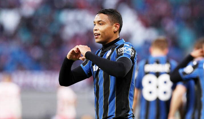 RB Leipzig - Bergamo 07.04.2022 Leipzig, 07.04.2022, Red Bull Arena, Fussball, UEFA Europa League, Viertelfinale , RB Leipzig vs. Atalanta Bergamo , Im Bild; Tor für Atalanta Bergamo. Luis Muriel (9, Bergamo) trifft zum 0:1 und jubelt mit den Teamkollegen.. , UEFA regulations prohibit any use of photographs as image sequences and or quasi-video.