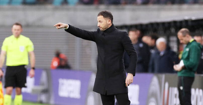 RB Leipzig - Bergamo 07.04.2022 Leipzig, 07.04.2022, Red Bull Arena, Fussball, UEFA Europa League, Viertelfinale , RB Leipzig vs. Atalanta Bergamo , Im Bild; Trainer Domenico Tedesco, RB Leipzig. , UEFA regulations prohibit any use of photographs as image sequences and or quasi-video.