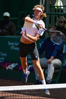 HOUSTON, TX - APRIL 07: Max Purcell (AUS) hits a return during the US Clay Court Championships quarterfinal doubles match at River Oaks Country Club on April 7, 2022 in Houston, TX. (Photo by Ken Murray Icon Sportswire) TENNIS: APR 07 U.S. Men™s Clay Court Championship Icon220407006