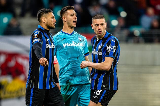 FB-EL RB Leipzig - Atalanta Bergamo Jubel beim Juan Musso (Atalanta B.C.) und Merih Demiral (Atalanta B.C.) waehrend des Viertelfinales Spiel 1 - Saison 2021-2022 in der Europa League (Herren) zwischen RB Leipzig und Atalanta Bergamo in der Red Bull Arena am 7. April 2022 in Leipzig, Sachsen, Deutschland