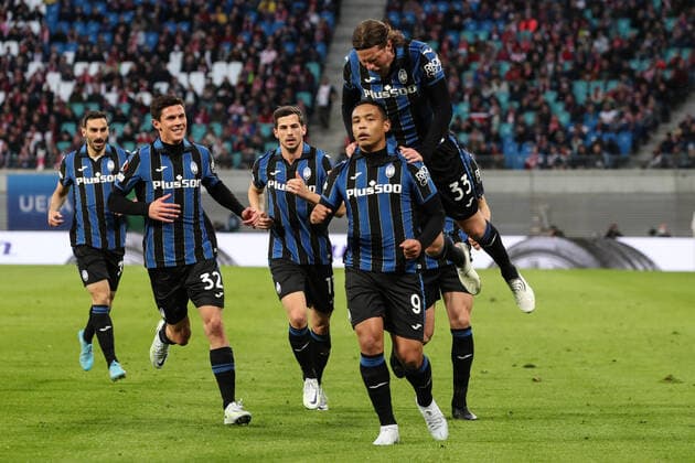 Torjubel - Torschütze Luis Muriel (Atalanta Bergamo,9) trifft zum 0-1 - Europa League Saison 2021-2022 Viertelfinale RB Leipzig vs. Atalanta Bergamo in der Red Bull Arena in Leipzig - Aktion,Fussball,Deutschland,Mann,Männer,07.04.2022