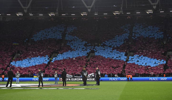 Mandatory Credit: Photo by James Griffiths West Ham United Shutterstock (12885363af) Crossed Hammers of West Ham United in the Billy Bonds stand West Ham United v Olympique Lyonnais, UEFA Europa League, Quarter Final, First Leg, Football, The London Stadium, London, UK - 07 Apr 2022 EDITORIAL USE ONLY No use with unauthorised audio, video, data, fixture lists, club league logos or live services. Online in-match use limited to 120 images, no video emulation. No use in betting, games or single club league player publications. West Ham United v Olympique Lyonnais, UEFA Europa League, Quarter Final, First Leg, Football, The London Stadium, London, UK - 07 Apr 2022 EDITORIAL USE ONLY No use with unauthorised audio, video, data, fixture lists, club league logos or live services. Online in-match use limited to 120 images, no video emulation. No use in betting, games or single club league player publications. Copyright: xJamesxGriffiths WestxHamxUnited Shutterstockx 12885363af