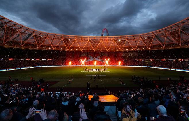 Mandatory Credit: Photo by Andrew Fosker Shutterstock (12885085x) Pre match build up in the London Stadium West Ham United v Olympique Lyonnais, UEFA Europa League, Quarter Final, First Leg, Football, The London Stadium, London, UK - 07 Apr 2022 EDITORIAL USE ONLY No use with unauthorised audio, video, data, fixture lists, club league logos or live services. Online in-match use limited to 120 images, no video emulation. No use in betting, games or single club league player publications. West Ham United v Olympique Lyonnais, UEFA Europa League, Quarter Final, First Leg, Football, The London Stadium, London, UK - 07 Apr 2022 EDITORIAL USE ONLY No use with unauthorised audio, video, data, fixture lists, club league logos or live services. Online in-match use limited to 120 images, no video emulation. No use in betting, games or single club league player publications. Copyright: xAndrewxFosker Shutterstockx 12885085x