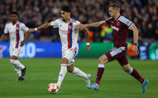 Mandatory Credit: Photo by Andrew Fosker Shutterstock (12885085ad) Lucas Paqueta of Lyon and Tomas Soucek of West Ham United West Ham United v Olympique Lyonnais, UEFA Europa League, Quarter Final, First Leg, Football, The London Stadium, London, UK - 07 Apr 2022 EDITORIAL USE ONLY No use with unauthorised audio, video, data, fixture lists, club league logos or live services. Online in-match use limited to 120 images, no video emulation. No use in betting, games or single club league player publications. West Ham United v Olympique Lyonnais, UEFA Europa League, Quarter Final, First Leg, Football, The London Stadium, London, UK - 07 Apr 2022 EDITORIAL USE ONLY No use with unauthorised audio, video, data, fixture lists, club league logos or live services. Online in-match use limited to 120 images, no video emulation. No use in betting, games or single club league player publications. Copyright: xAndrewxFosker Shutterstockx 12885085ad