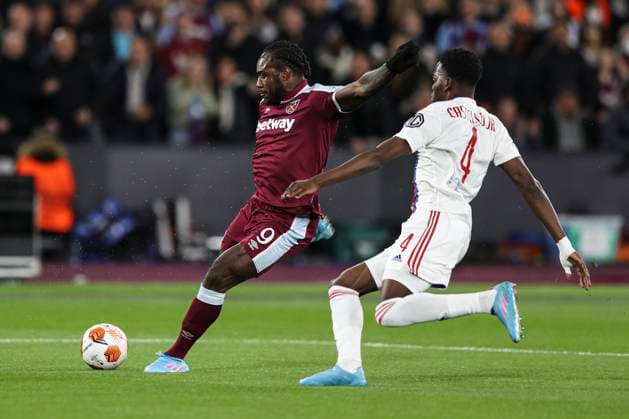 London, England, 7th April 2022. Michail Antonio of West Ham United (left) shoots at goal during the UEFA Europa League match at the London Stadium, London. Picture credit should read: Kieran Cleeves Sportimage EDITORIAL USE ONLY. No use with unauthorised audio, video, data, fixture lists, club league logos or live services. Online in-match use limited to 120 images, no video emulation. No use in betting, games or single club league player publications. SPI-1634-0010