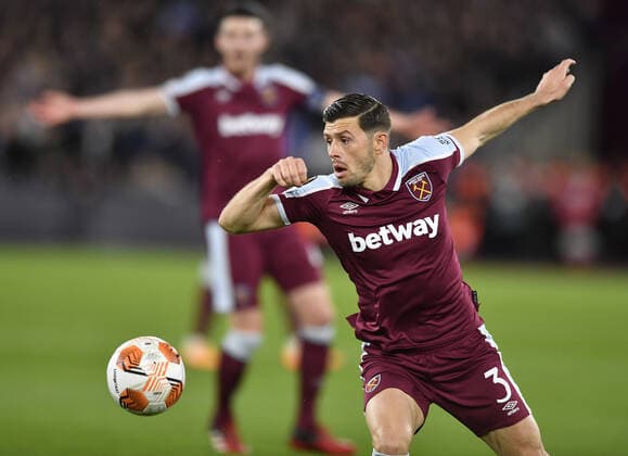 Mandatory Credit: Photo by James Griffiths West Ham United Shutterstock (12885363au) Aaron Cresswell of West Ham United in action West Ham United v Olympique Lyonnais, UEFA Europa League, Quarter Final, First Leg, Football, The London Stadium, London, UK - 07 Apr 2022 EDITORIAL USE ONLY No use with unauthorised audio, video, data, fixture lists, club league logos or live services. Online in-match use limited to 120 images, no video emulation. No use in betting, games or single club league player publications. West Ham United v Olympique Lyonnais, UEFA Europa League, Quarter Final, First Leg, Football, The London Stadium, London, UK - 07 Apr 2022 EDITORIAL USE ONLY No use with unauthorised audio, video, data, fixture lists, club league logos or live services. Online in-match use limited to 120 images, no video emulation. No use in betting, games or single club league player publications. Copyright: xJamesxGriffiths WestxHamxUnited Shutterstockx 12885363au